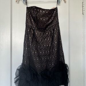 Milly of New York Black Geometric Lace Strapless Mini Dress w tulle ruffle hem